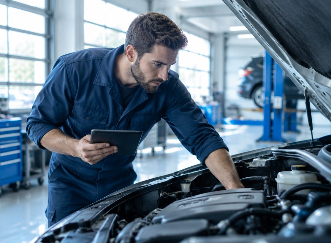 A mechanic checking an engine with a tablet