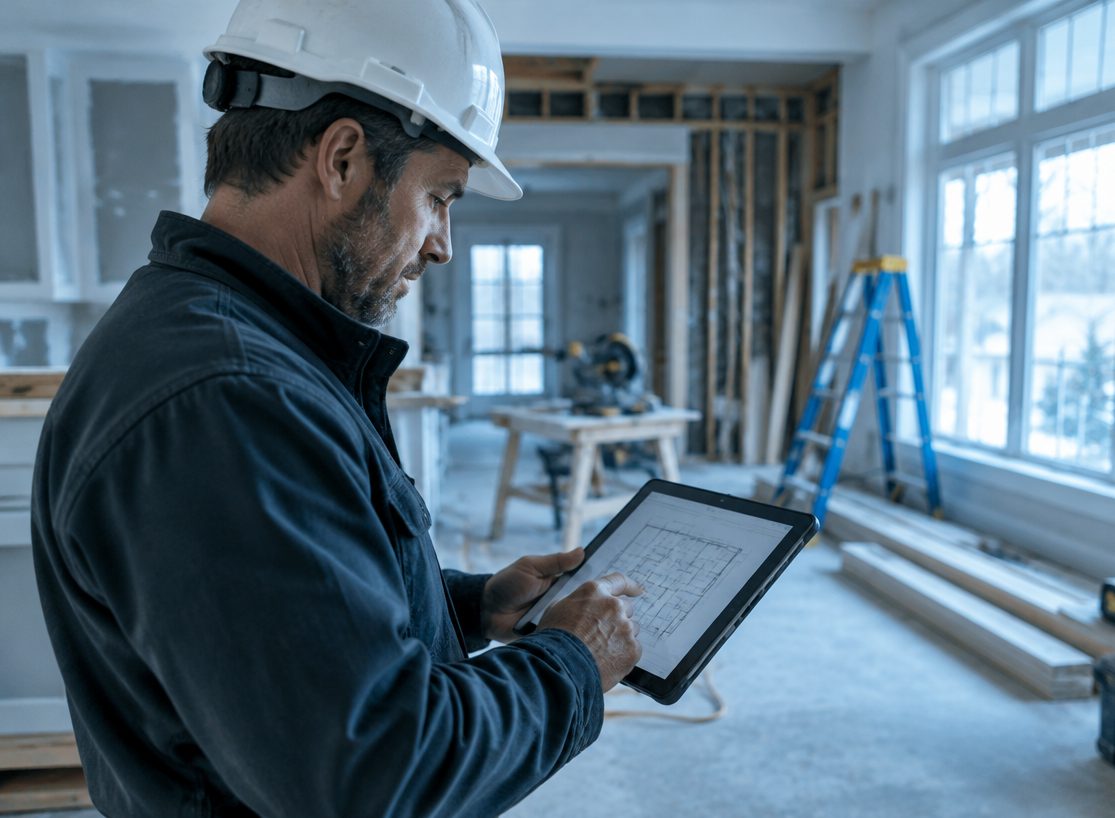 A contractor reviewing plans on a tablet at a renovation