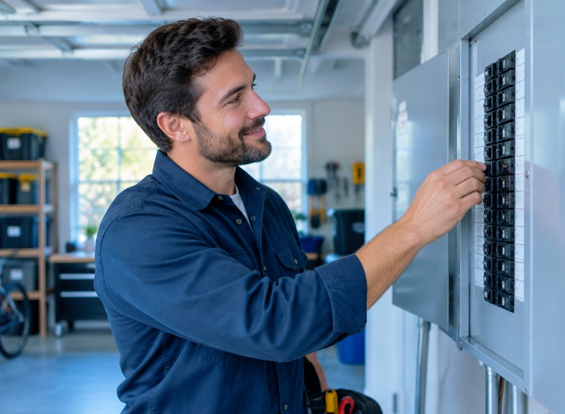 An electrician checking a home electrical panel