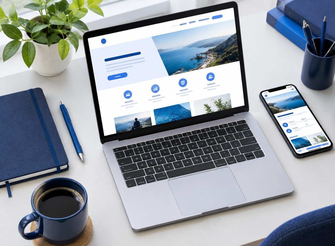 A laptop and phone showing a clean website layout on a desk